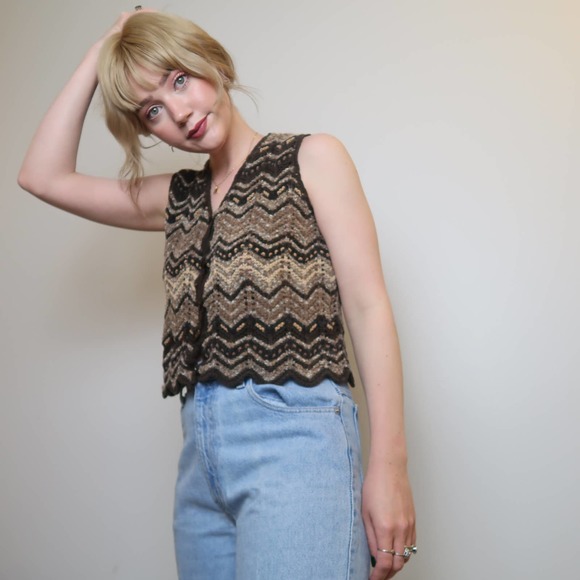 Vintage 90s brown chenille sweater vest S - Picture 4 of 6